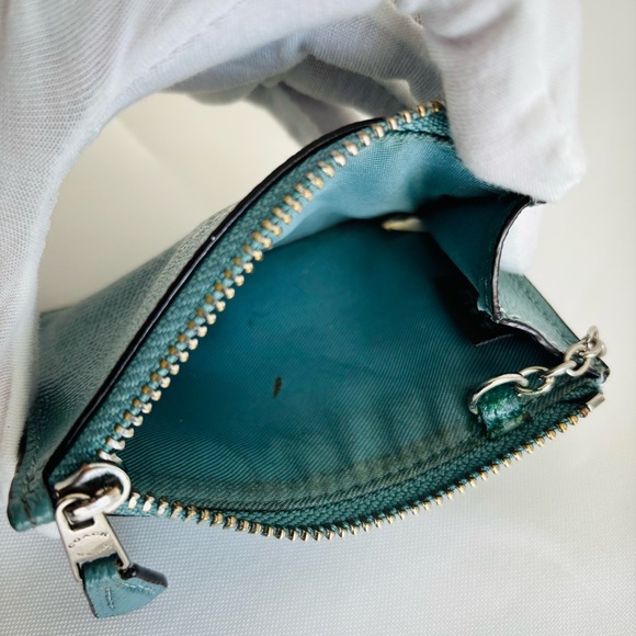 Coach Teal Pebbled Leather Key Pouch Gold Logo, Attached split key ring - Picture 7 of 8
